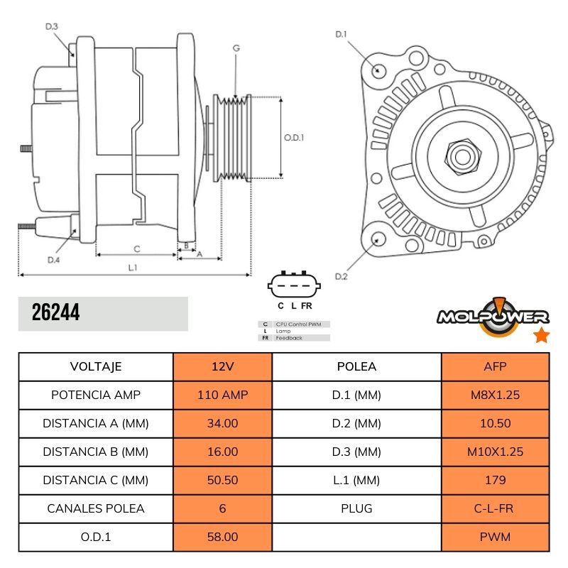 ALTERNADOR HYUNDAI IX20 1.4 I30 1.4 VELOSTER 1.6 KIA RIO 1.6 CARENS 1.6 SOUL 1.6 RIO 1.4 12V 110AMP 3PINES T:VALEO 37300-2B750 2610128