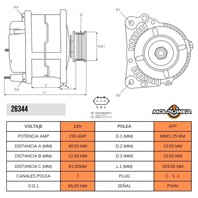 ALTERNADOR NISSAN FRONTIER NAVARRA 2.5 DIESEL 12V 155AMP 80MM 2PINES P: 7PK T:MITSUBISHI V:INT