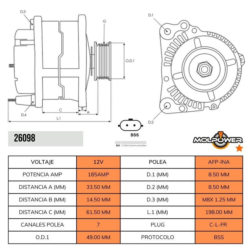 ALTERNADOR NISSAN NV400 RENAULT MASTER MERCEDES SPRINTER 12V 210AMP 2PINES P:7PK T:MITSUBISHI