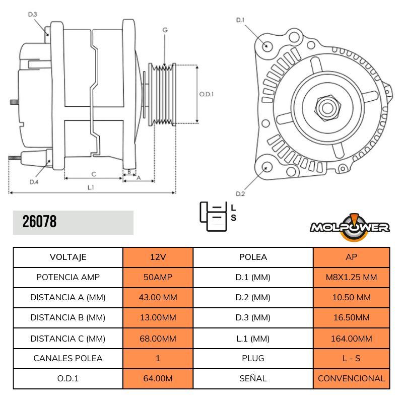 ALTERNADOR MAZDA B2200 2 PINES 12V 50AMP POLEA EN V