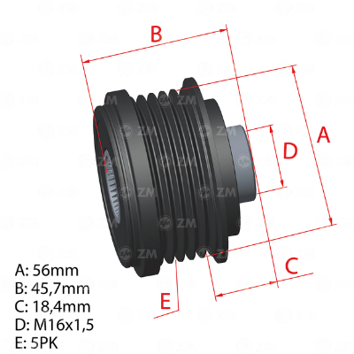 [5696.012.47] POLEA RUEDA LIBRE HYUNDAI I30 I20 IX35 KIA SPORTAGE SOUL RIO III CARENS IV 5PK X 16 252902A000 9601247 5763