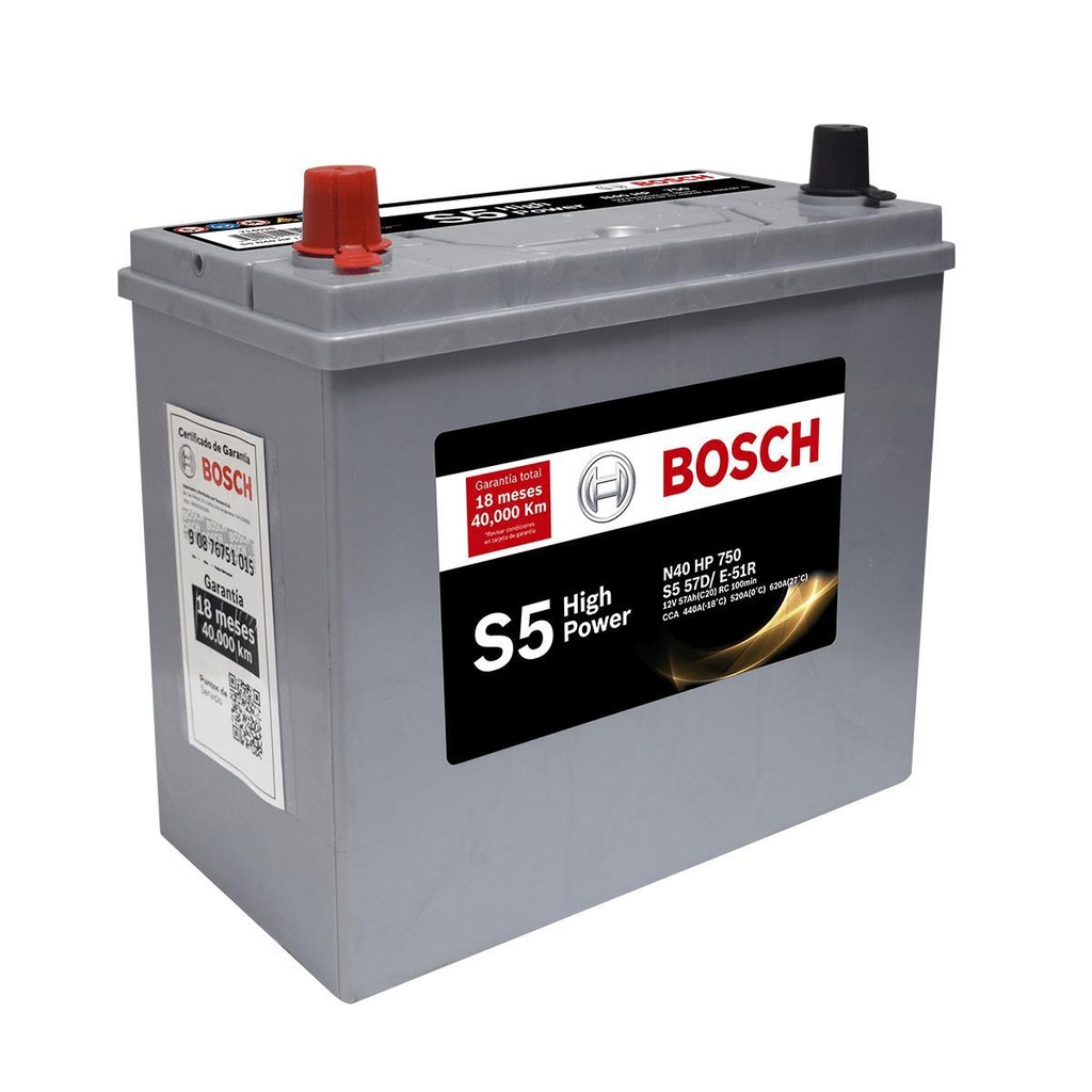 BATERIA BOSCH MEGA POWER SILVER  580 AMP- 45 Ah CAJA NS40D (580-MP-NS40-D; SIN PESTAÑA HD; BORDE DELGADO) L 19,5 AN 12,6 AL 22,4 CM