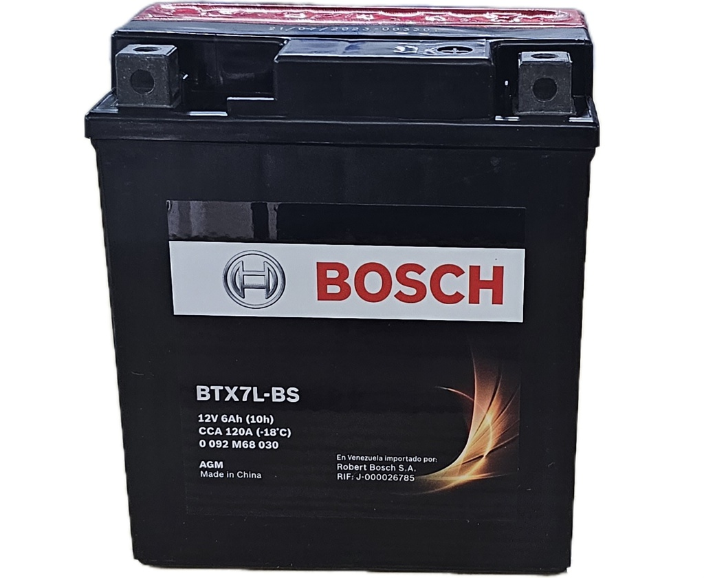 [BT0092M68030] BATERÍA BTX7L-BS HONDA(CB190R) SUZUKI(GIXXER150) YAMAHA(XTZ125,250) 12V/6AH/CCA 120A M6/AGM 113*70*130MM MOTOCICLETA