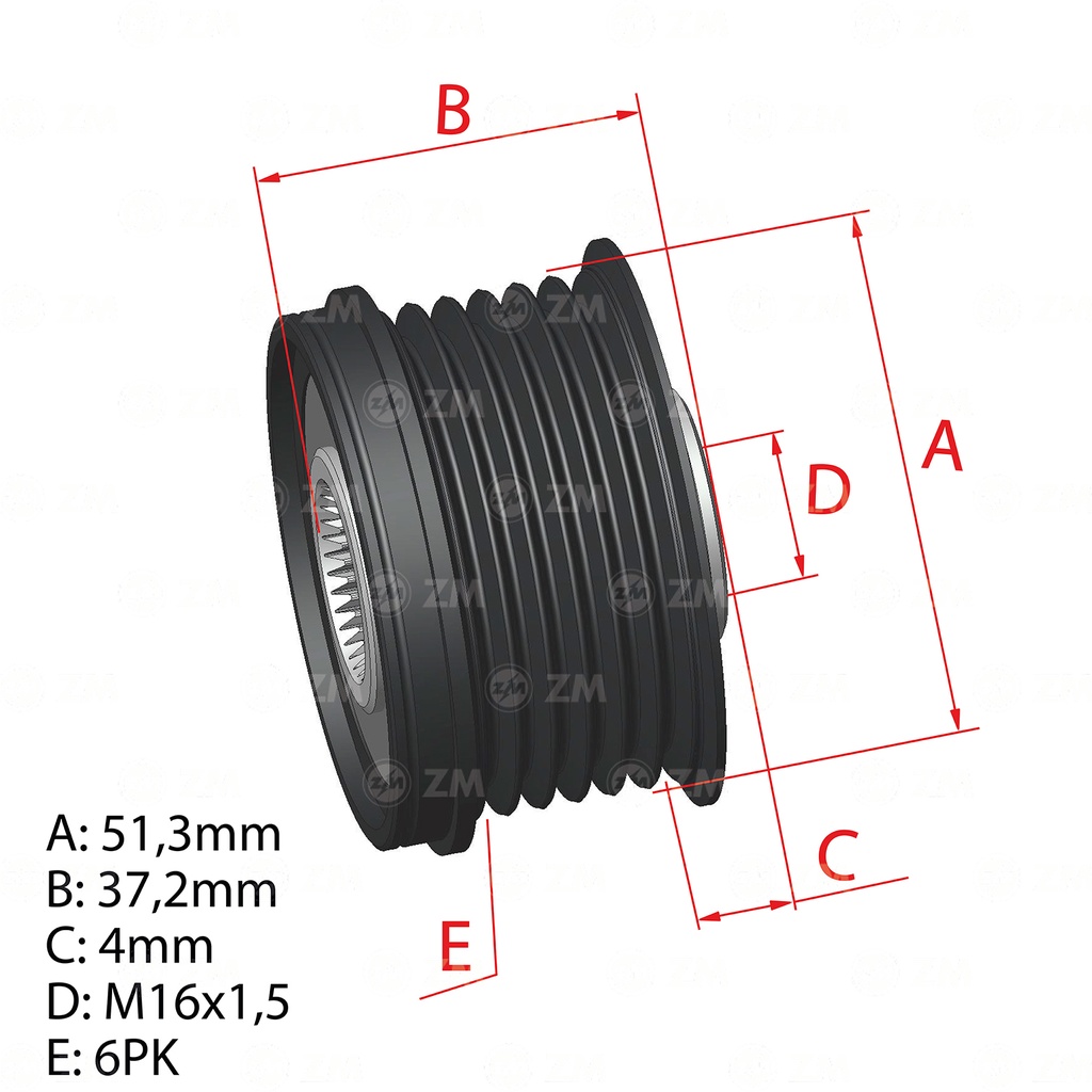 POLEA RUEDA LIBRE CHEVROLET CAMARO 6X16 R 6 RD 55.6 Ø ID 17.06 S 16 W 39.3 Z 8.8 Ø OD1 61 H 15.4
