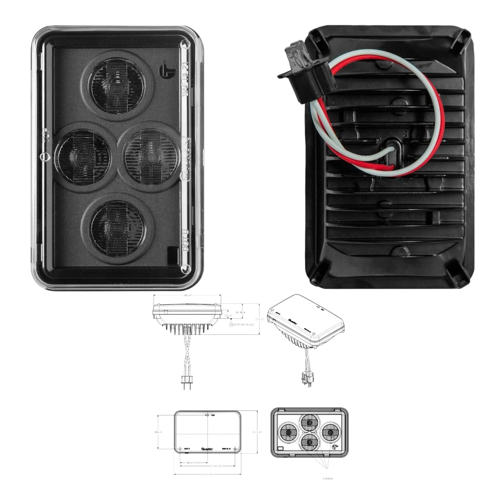 LAMPARA SERIE 37, LED, 4 X 6, RECTANGULAR, 4 DIODOS, TRANSPARENTE, LENTE DE POLICARBONATO, CABLEADO, LUZ ALTA, FARO LED DIRECTO
