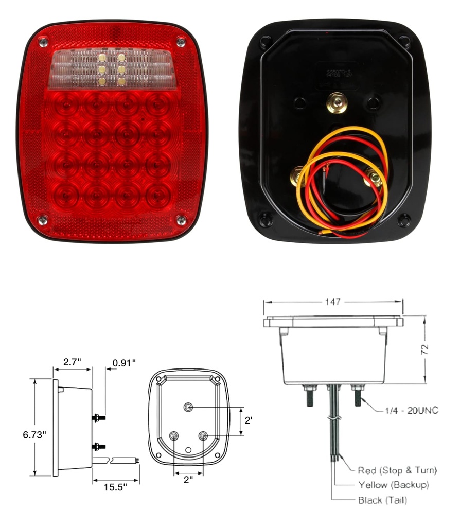 SEÑAL DE GIRO, LED, LENTE ACRÍLICO ROJO/TRANSPARENTE, LH, LUZ DE CAJA COMBINADA, 3 PERNOS, LUZ DE MATRÍCULA, CABLEADO, EXTREMO PELADO, 12V